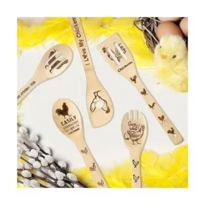 Eartim Juego de 5 cucharas de madera de gallo de gallo y_5