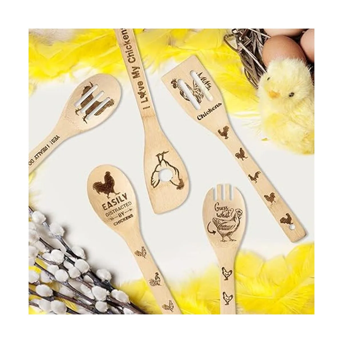 Eartim Juego de 5 cucharas de madera de gallo de gallo y_5