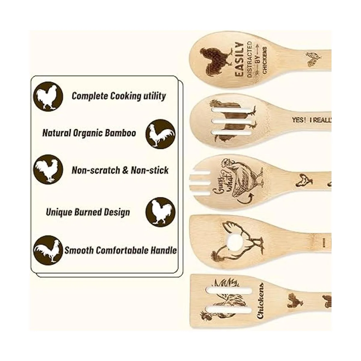 Eartim Juego de 5 cucharas de madera de gallo de gallo y_4