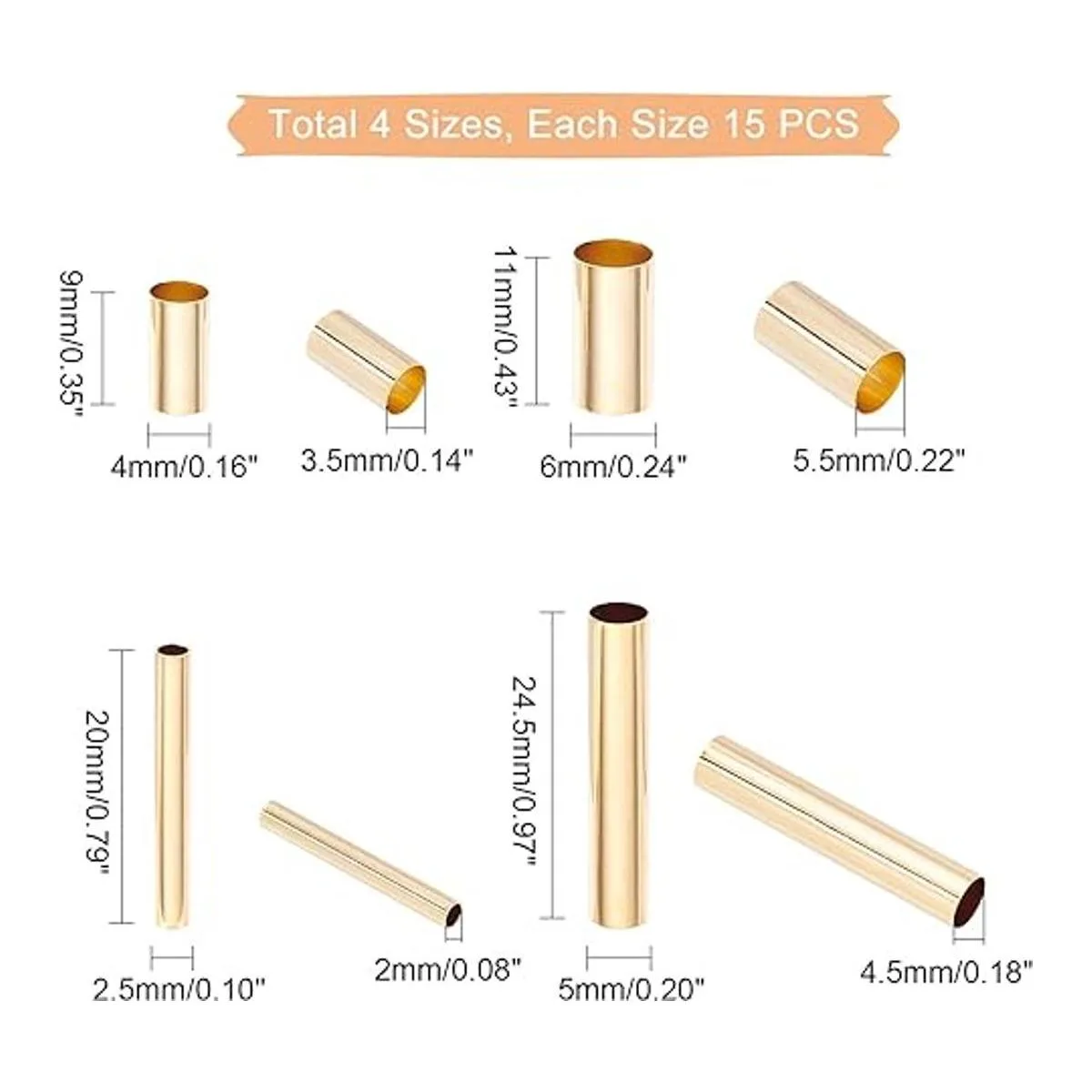 PH PandaHall 60 cuentas de tubo de latón 4 tamaños de 9 a_6