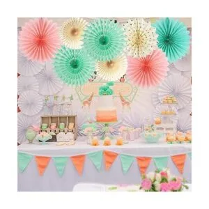 Abanicos de papel rosa crema verde menta decoración de_2