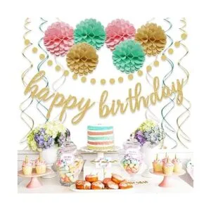 Cartel de decoración de feliz cumpleaños rosa y dorado_3