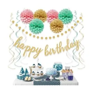 Cartel de decoración de feliz cumpleaños rosa y dorado_5