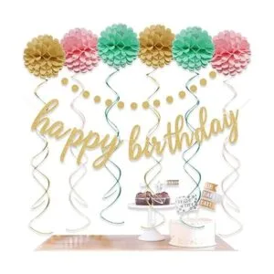 Cartel de decoración de feliz cumpleaños rosa y dorado_4