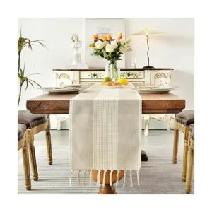 Wracra Camino de mesa de lino camino de mesa de macramé_4