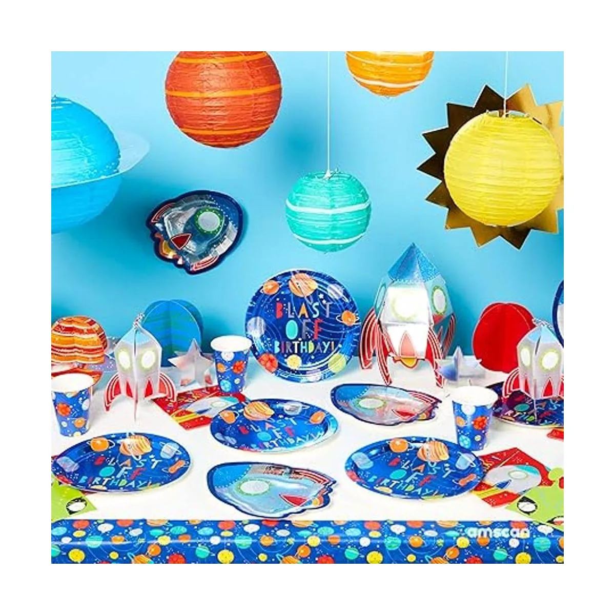 Blast Off Birthday Planet Faroles de papel colores_3