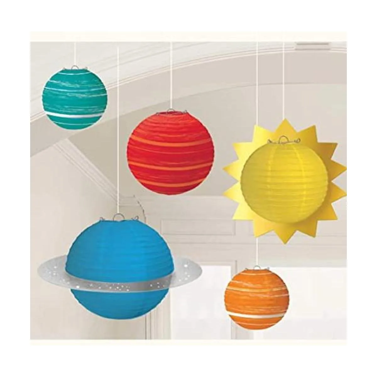 Blast Off Birthday Planet Faroles de papel colores_1