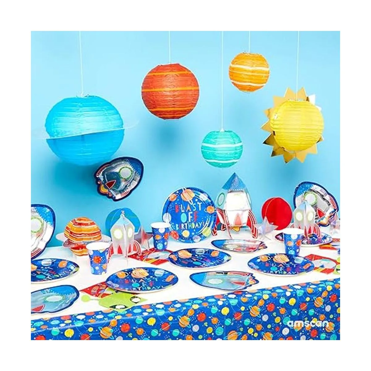 Blast Off Birthday Planet Faroles de papel colores_4