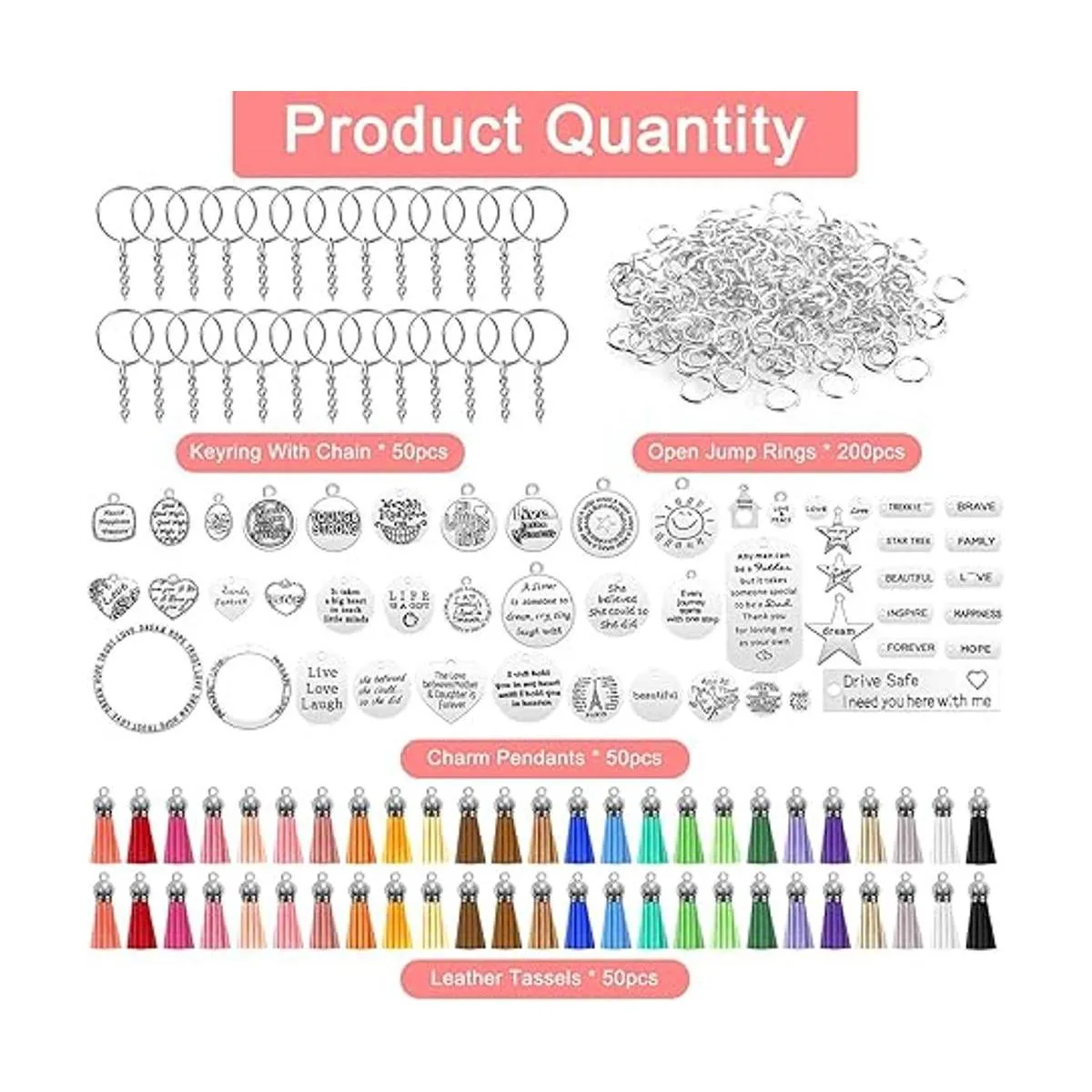 Juego de 350 llaveros motivacionales con 50 dijes de_2