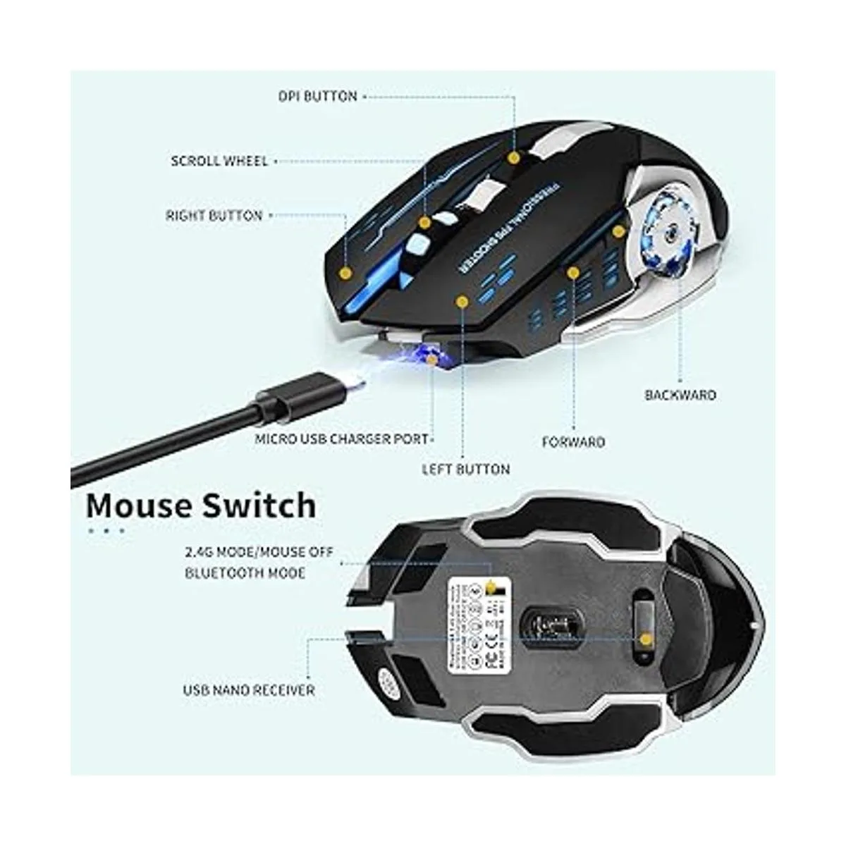 Ratón inalámbrico para juegos Bluetooth RGB recargable_6