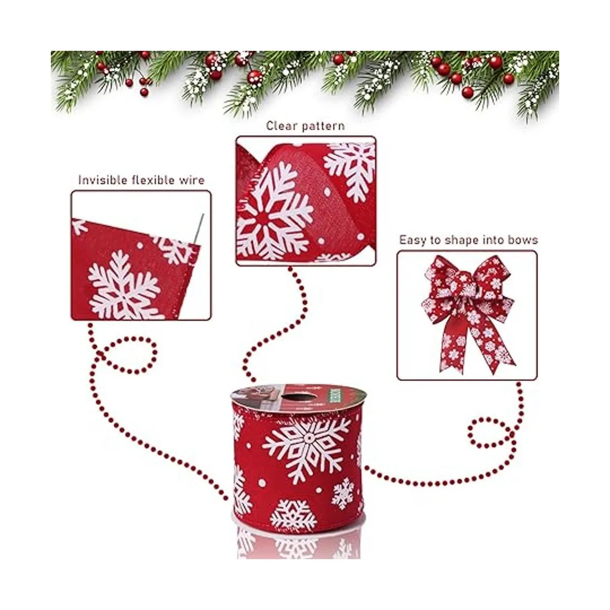 Cinta de Navidad con alambre de 2.5 pulgadas 6 rollos de_4