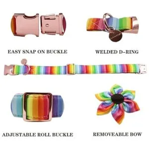 DOGWONG Collar de perro de algodón arcoíris con flor_3