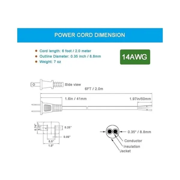 Cable de alimentación de repuesto de 2 clavijas 14AWG SJT_5