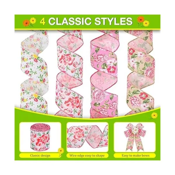 Cinta floral 4 rollos de cinta con borde con alambre_4
