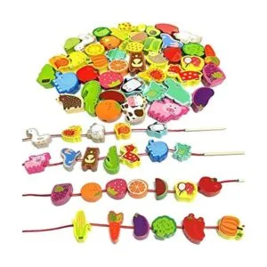 Intsinzi 46 cuentas Montessori de madera con cordones para_1