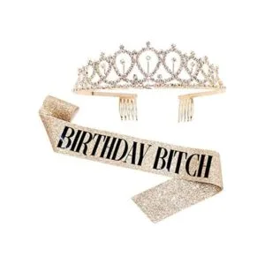 Juego de tiara de cumpleaños con purpurina dorada para_1