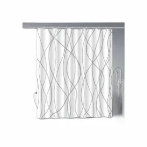 Cortina de ducha de tela a rayas grises y blancas para_1