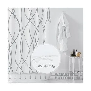 Cortina de ducha de tela a rayas grises y blancas para_3