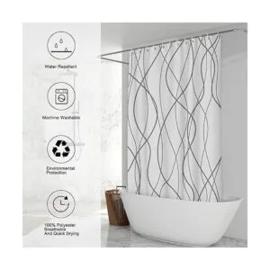 Cortina de ducha de tela a rayas grises y blancas para_4