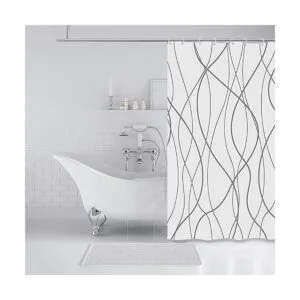 Cortina de ducha de tela a rayas grises y blancas para_2