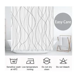 Cortina de ducha de tela a rayas grises y blancas para_6