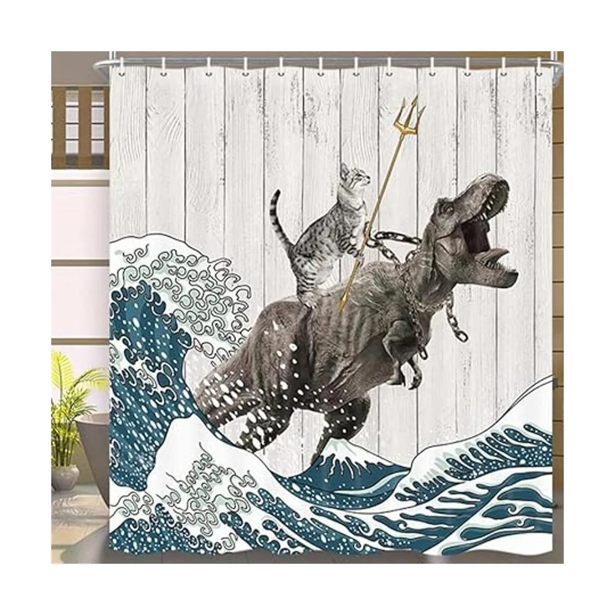 Divertida cortina de ducha de gato diseño de dinosaurio_3