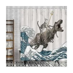 Divertida cortina de ducha de gato diseño de dinosaurio_2