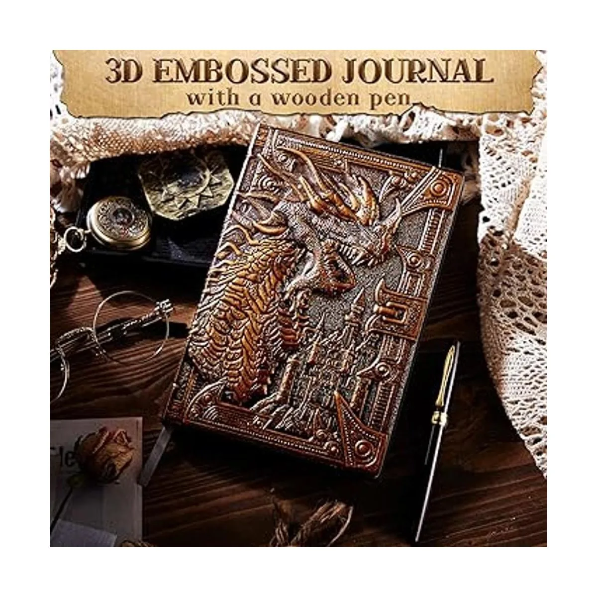 Diario de dragón de cuero en relieve con bolígrafo diario_2