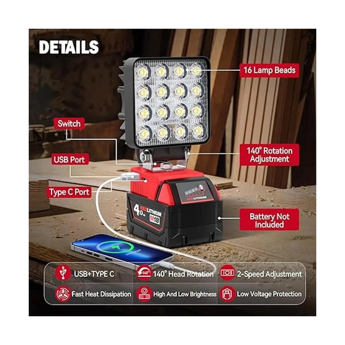 Luz de trabajo LED mejorada para Milwaukee Ecarke Square_3