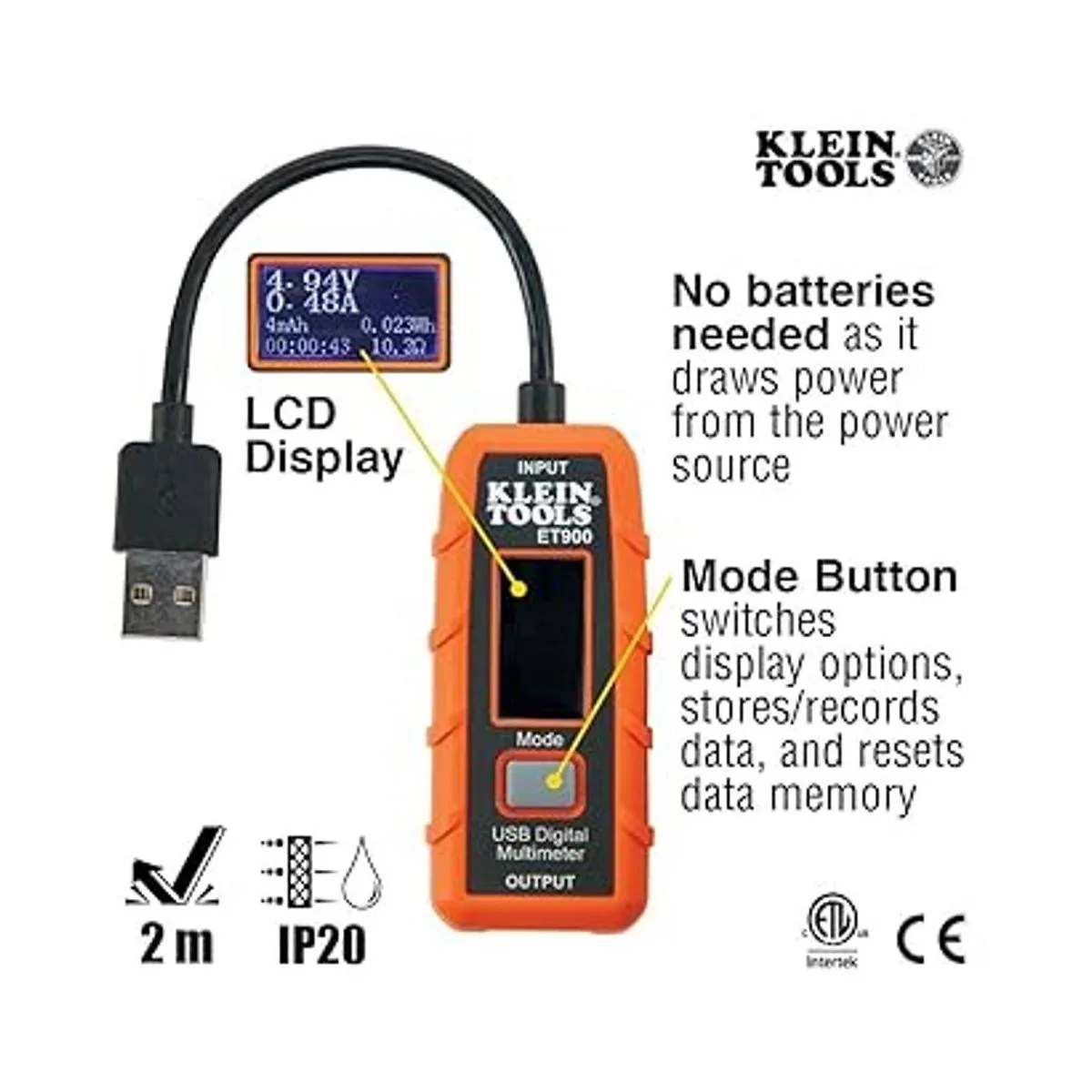 Klein Tools ET900 USB Power Meter USBA Digital Meter for_3