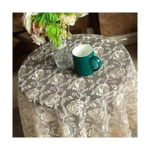 SUTAVIA Mantel redondo de tela de encaje con diseño floral_2