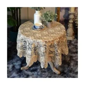 SUTAVIA Mantel redondo de tela de encaje con diseño floral_3