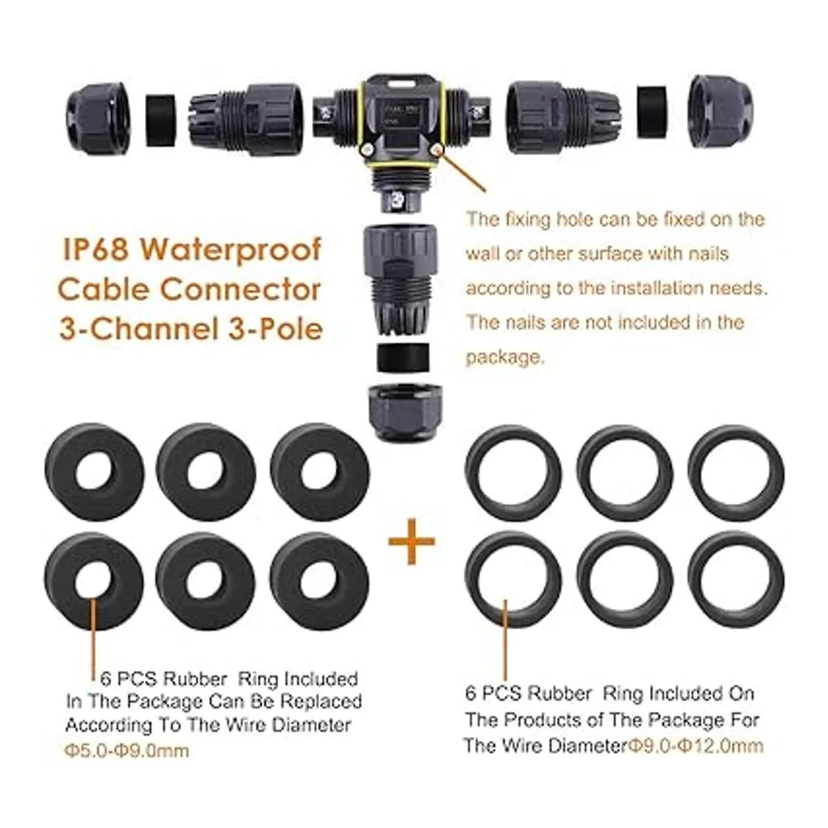 Conector de cable impermeable IP68 de 3 canales 3 polos_2