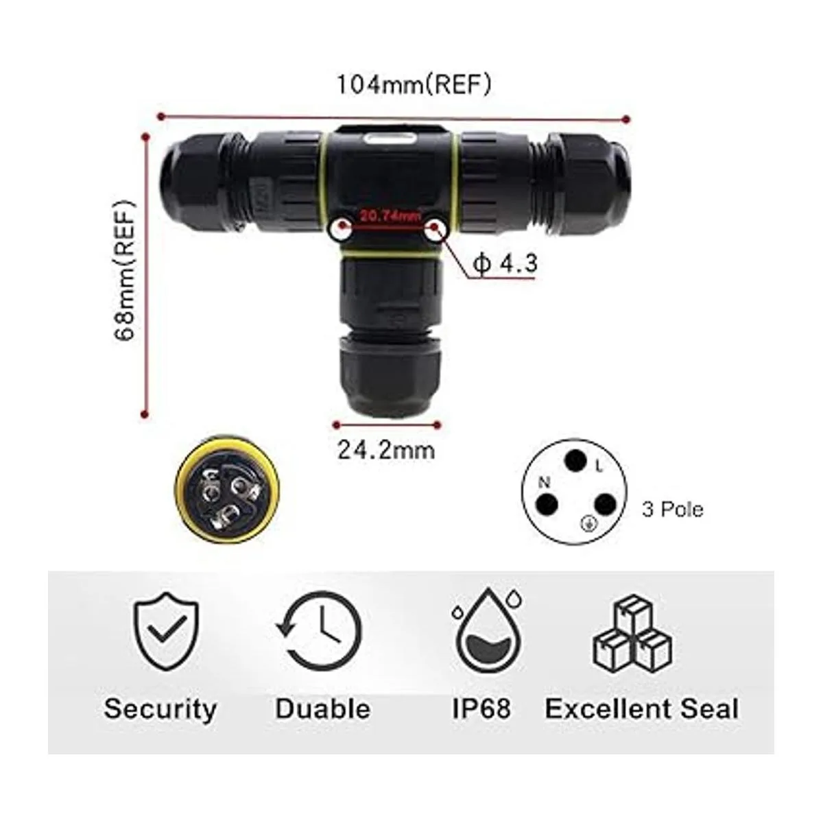 Conector de cable impermeable IP68 de 3 canales 3 polos_3