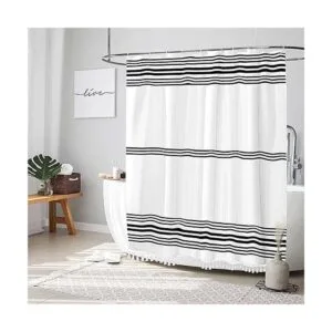Cortina de ducha en blanco y negro con borlas cortina de_2