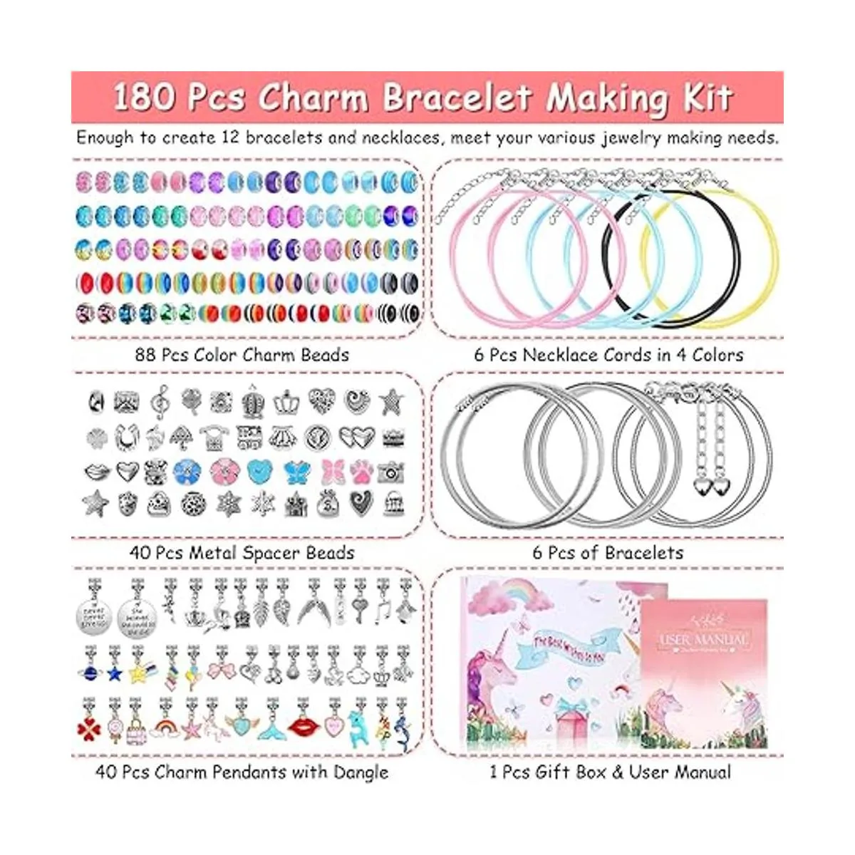 Kit de 180 pulseras con dijes para niñas juego de_6