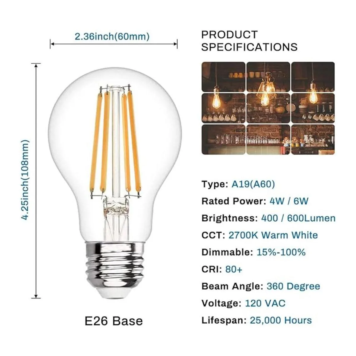 Bombillas LED A19 Edison regulables 4 W 2200 K blanco_2