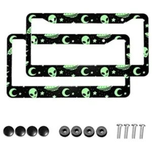 Green Alien Moon UFO Marcos de matrícula con tapas de_1