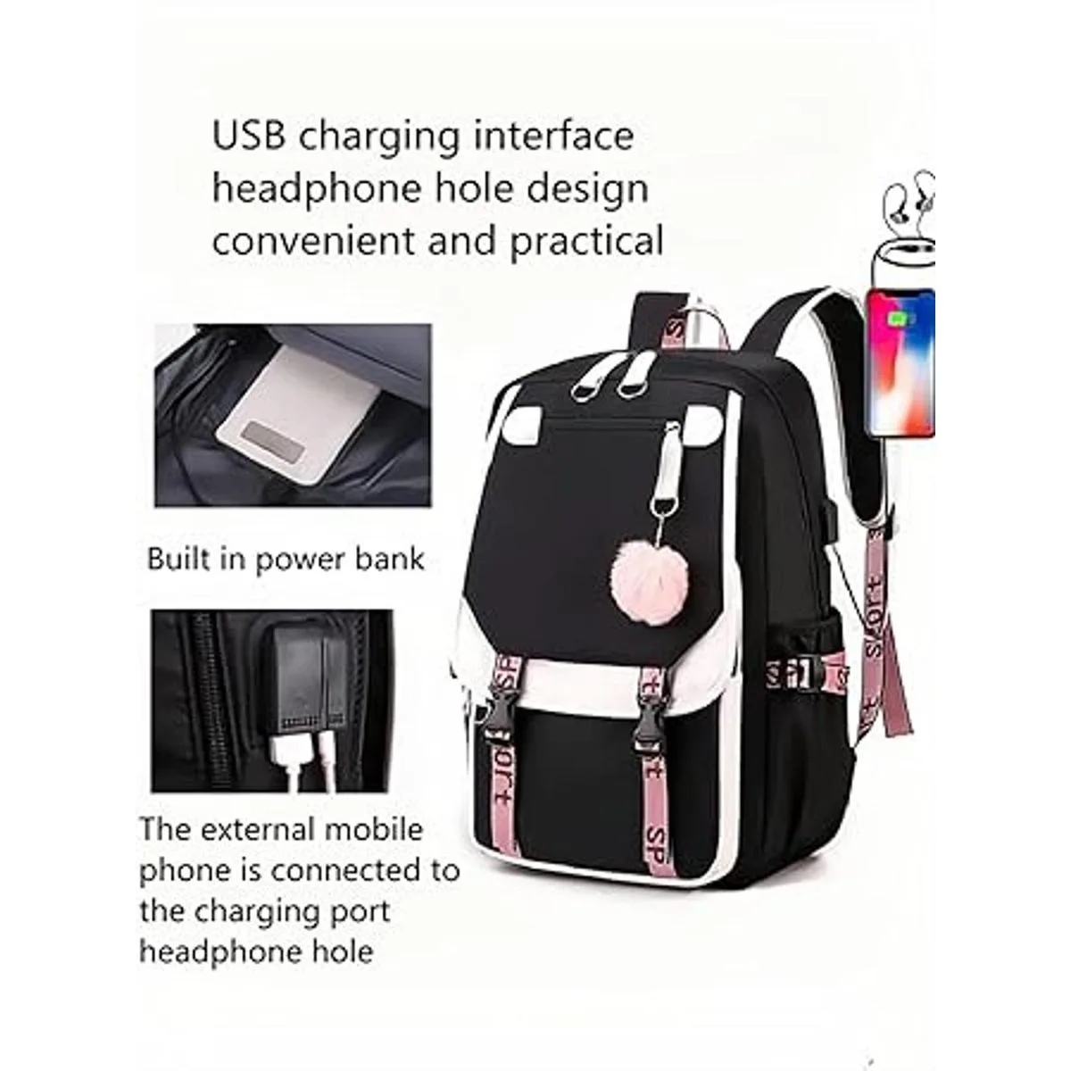Mochila para niñas mochila ligera casual USB bolsa_3
