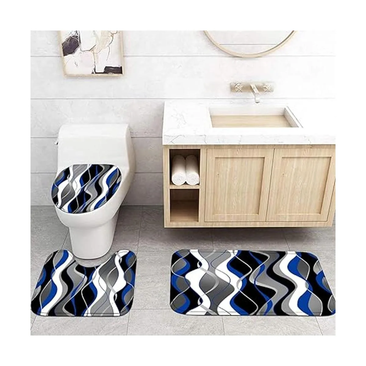 Juego de 4 cortinas de ducha a rayas azules y negras_5