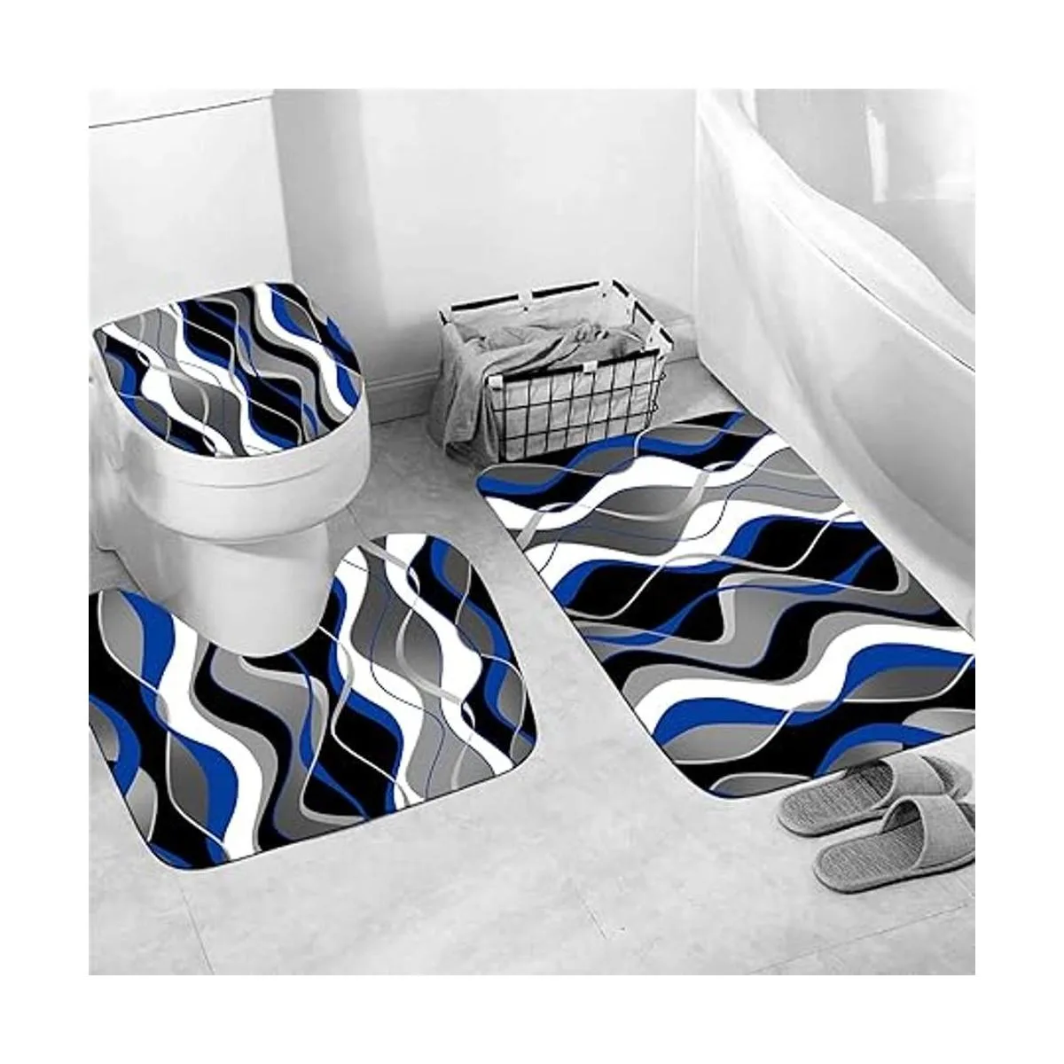 Juego de 4 cortinas de ducha a rayas azules y negras_3