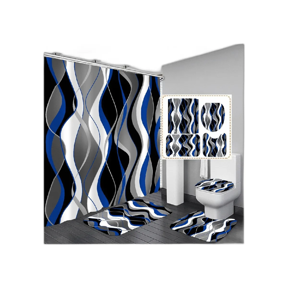 Juego de 4 cortinas de ducha a rayas azules y negras_1