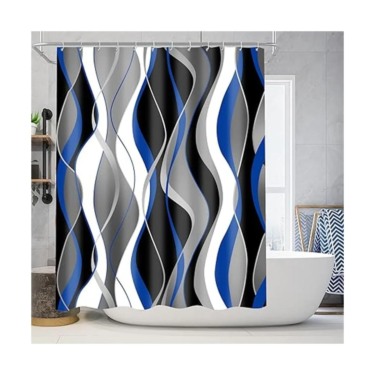 Juego de 4 cortinas de ducha a rayas azules y negras_2