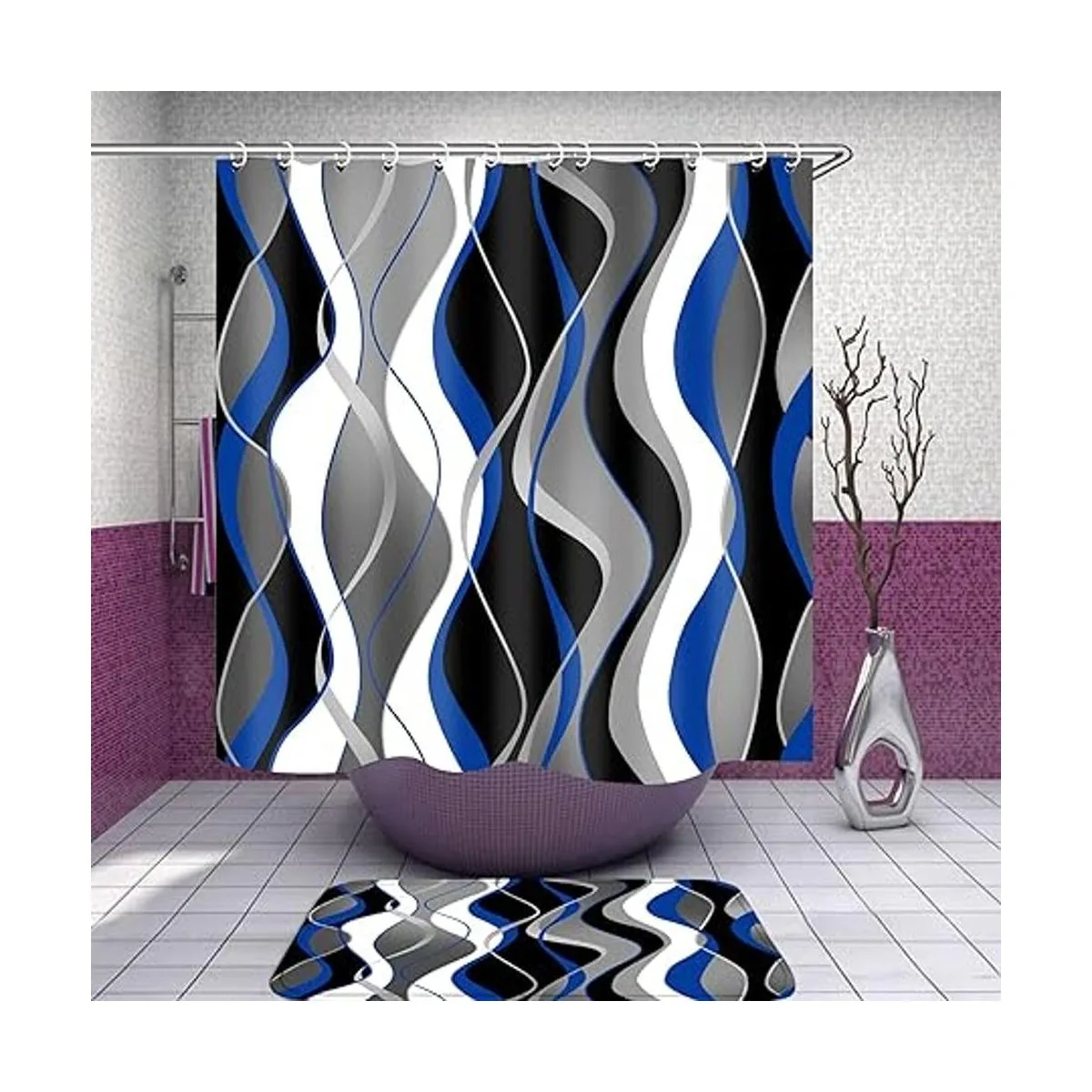 Juego de 4 cortinas de ducha a rayas azules y negras_4