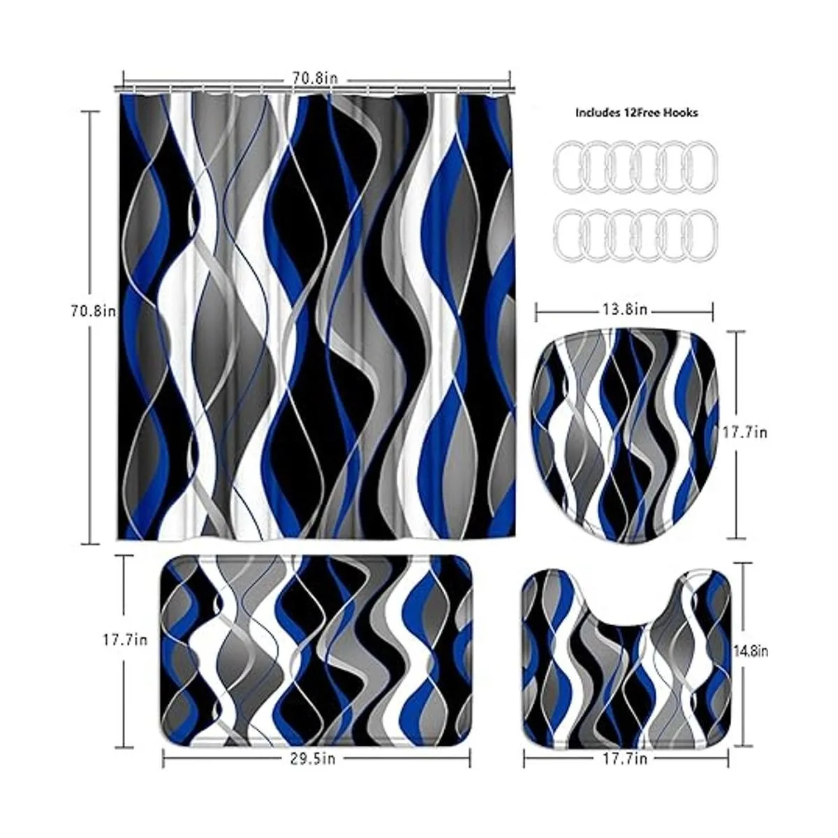 Juego de 4 cortinas de ducha a rayas azules y negras_6