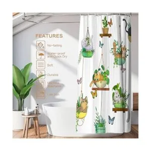 Cortina de ducha para gatos con plantas colgantes en_3