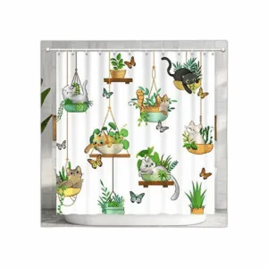 Cortina de ducha para gatos con plantas colgantes en_1