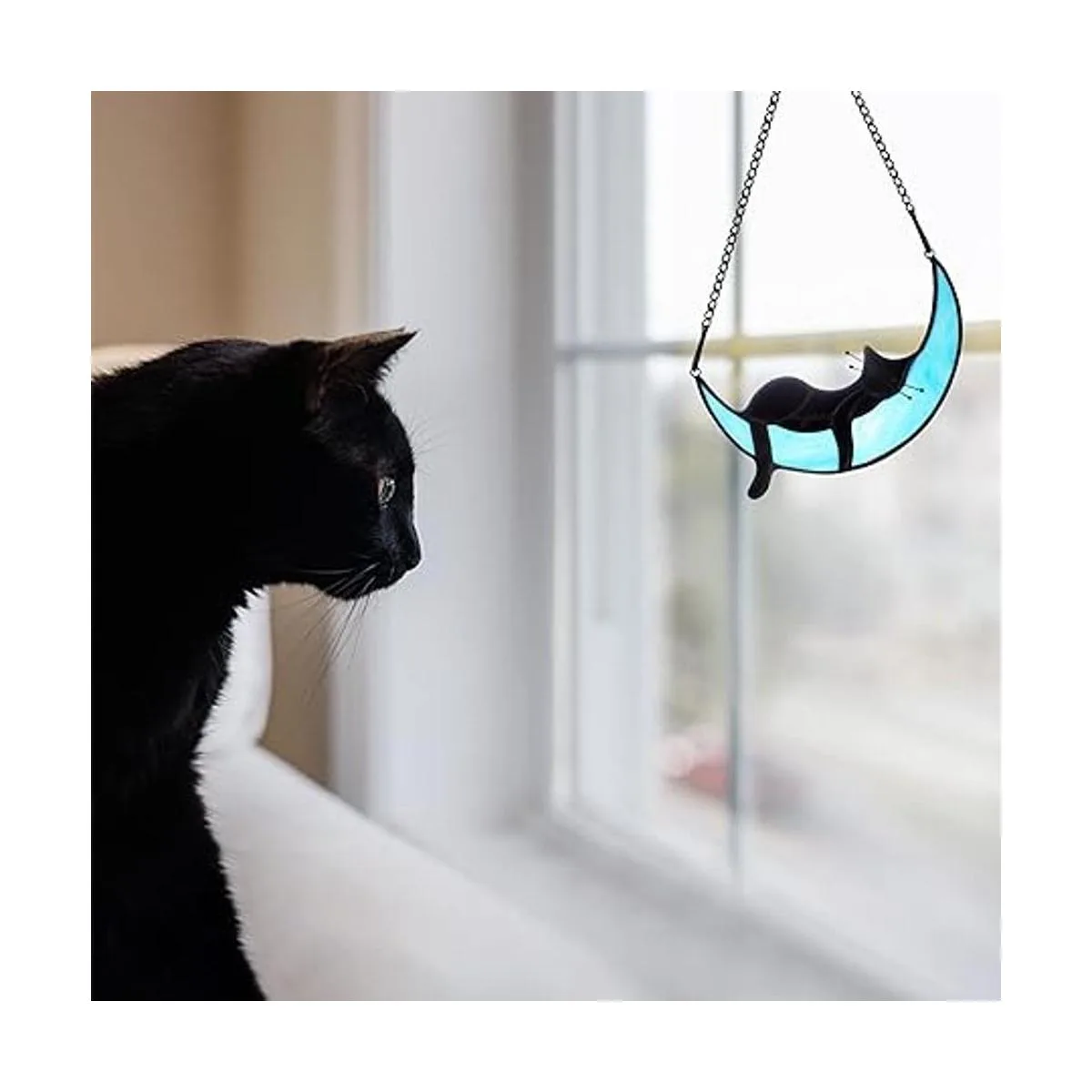 BOXCASA Gato negro durmiendo en la luna vidrieras_5