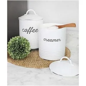 AuldHome Bote de crema blanca esmaltada; estilo rústico_6