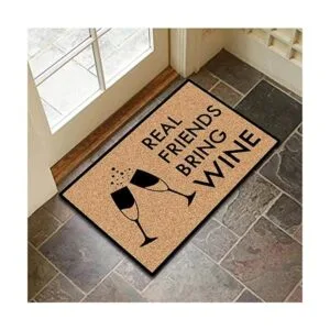 Funny Mat Real Friends Bring Wine Felpudos de tela no_4